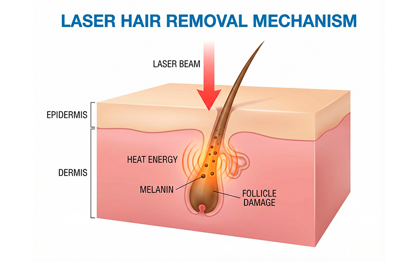 Medical illustration of laser hair removal technology used at Riolaser Orlando, showing laser beam targeting hair follicle while protecting surrounding skin tissue.