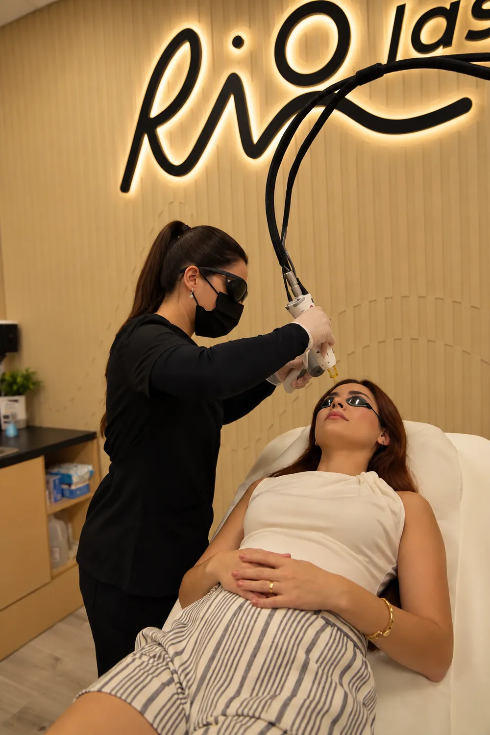 Facial laser hair removal session in a Riolaser treatment room